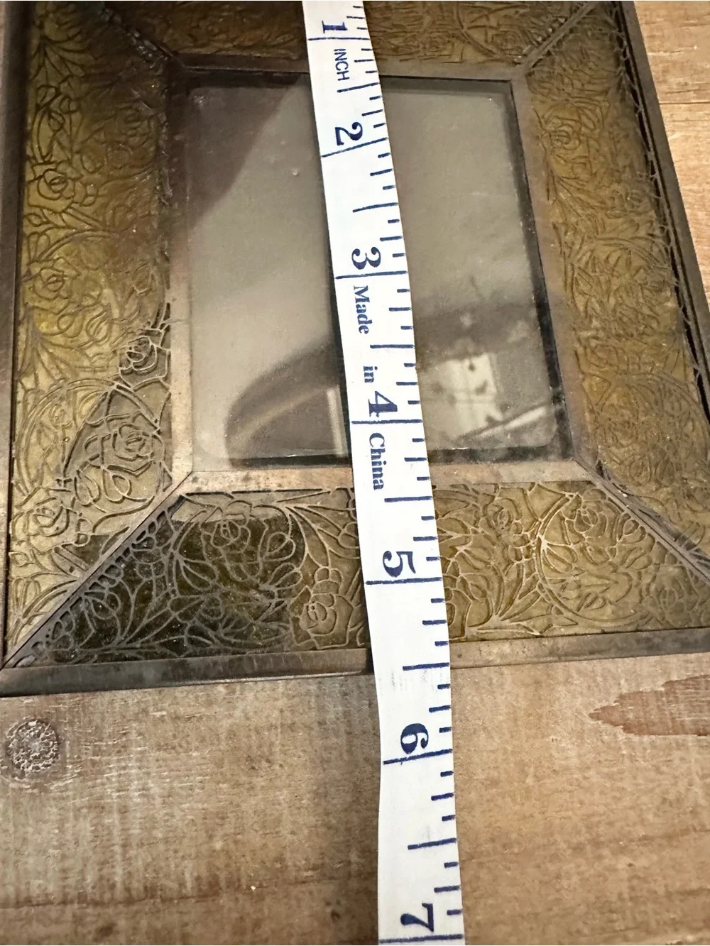 Vintage Studio Yellow Stained Glass Picture Frame Etched Metal Roses Metal Trim